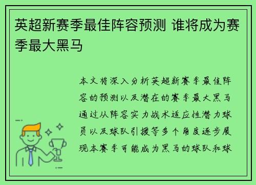 英超新赛季最佳阵容预测 谁将成为赛季最大黑马